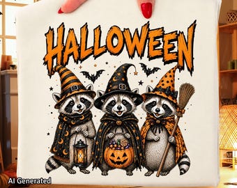 Mapache de Halloween PNG, Halloween retro, Mapache espeluznante de Halloween, Halloween espeluznante, Diseño de camiseta de Halloween de moda, Mapache calabaza