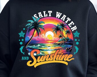 Playa de verano neón PNG: Diseño de agua salada y sol (Descarga digital)