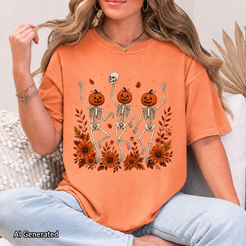 Terracotta orange oversized crewneck T-shirt showcasing the Wildflower Skeleton design for a warm autumn aesthetic.