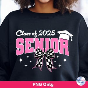 Retro Senior 2025 PNG: Checkered Bow Graduation Design (Digital Download)
