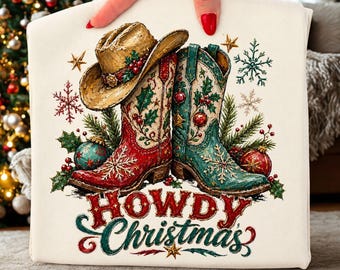 Ciao Natale PNG, design natalizio con stivali da cowboy in stile western, file digitale rustico per sublimazione