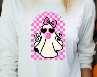 SVG de fantasma retro, PNG de Halloween femenino, lazo a cuadros (archivo de corte)