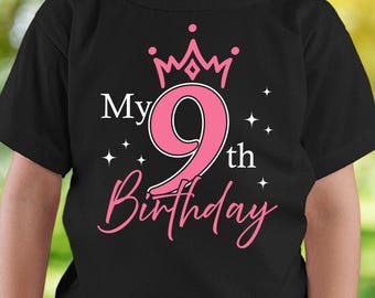Diseño SVG de princesa para el 9.º cumpleaños, diseño de camiseta de cumpleaños para niña (descarga digital)