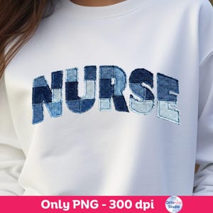 ナースデニムパッチワークPNG昇華デザイン、ダメージ加工ジーンズアップリケ（デジタルダウンロード）