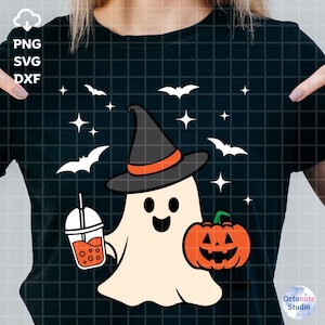 Cute Ghost with coffee in Witch hat svg Cut file for Cricut, Boujee svg Fall and Halloween png Sublimation DTF Print, ghost svg.