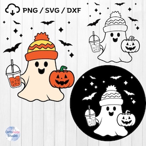 Cute Ghost with coffee in Beanie svg Cut file for Cricut, Boujee svg Fall and Halloween png Sublimation DTF Print, ghost svg.