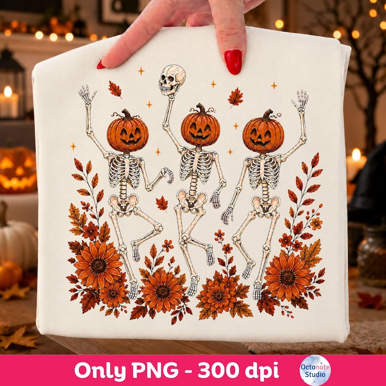 Cream fabric cover featuring the Wildflower Skeleton design with cheerful pumpkin dancers and autumn aesthetic orange flowers.