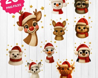 Könnte beinhalten: Eine Sammlung von 20 PNG-Dateien mit Illustrationen von Tieren zum Thema Weihnachten. Jedes Tier, darunter ein Rentier, ein Schneemann und ein Pinguin, trägt einen Weihnachtsmannhut und einen Schal. Goldene Sterne sind um die Bilder verstreut. Der Text "Only PNG - 300 dpi" ist ebenfalls vorhanden.