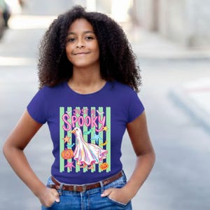 Halloween Goose with stripes shown on a girls royal blue short sleeve t-shirt.
A colorful funny halloween and ghost goose look for kids’ spooky season shirts.