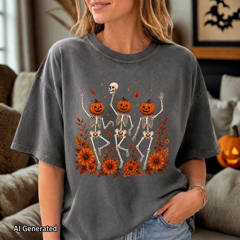 Charcoal gray washed oversized T-shirt displaying the Wildflower Skeleton artwork with a trendy spooky season aesthetic.