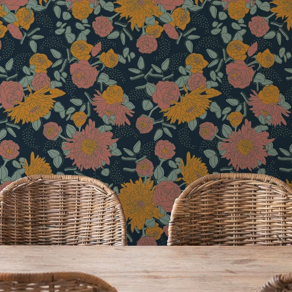 Boho vintage floral bouquet wallpaper in mauve pink, mustard on charcoal | peel and stick wallpaper or pre-pasted smooth wallpaper