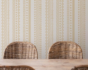 Mudcloth inspired vertical sketched stripe wallpaper in mustard, peel and stick wallpaper, pre-pasted smooth wallpaper