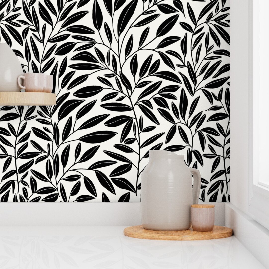 Leafy Stems Botanical Wallpaper in Black and White, Peel & Stick or