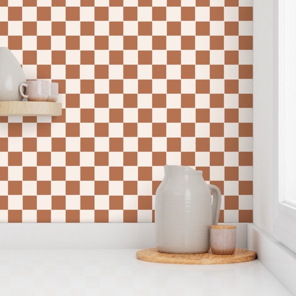 Terra Cotta - Rust and cream checker board Wallpaper - 90s checker wallpaper - Peel and Stick Wallpaper or Pre-Pasted Smooth Wallpaper
