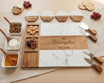 Personalized Marble Wooden Cheese Board Set | Charcuterie Board with Bowls, Knives & Coasters | Housewarming Gift