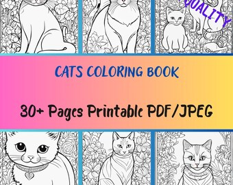 Cats Coloring Book 30+ Pages, Coloring Pages for Children & Adults Instant Download, Printable PDF (A4 Size)