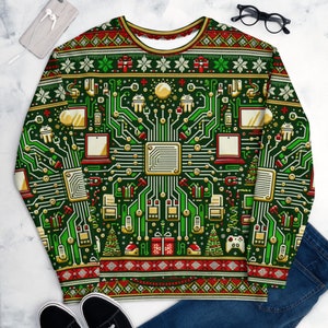 Unisex Tech-Inspired Ugly Christmas Sweater - Eco-Friendly Recycled Polyester