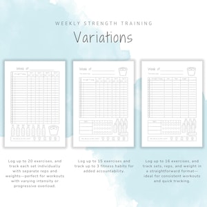 May include: Three printable pages for tracking weekly strength training workouts. Each page has a different format for logging exercises, sets, reps, and weight. The first page has space to log up to 20 exercises, the second page has space to log up to 15 exercises, and the third page has space to log up to 16 exercises.