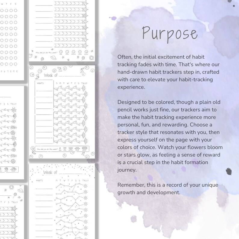 Op de afbeelding: Zwart-witte printbare habit tracker pagina's met bloemen- en sterdesigns. De pagina's zijn ontworpen om in te kleuren en hebben een sectie voor het opsommen van gewoontes en een weekkalender.