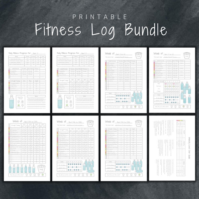 May include: Printable fitness log bundle with eight pages. The pages are divided into weekly sections with columns for tracking weight, water intake, meals, and exercise. Each page has a light blue background with a scale icon and a water bottle icon.