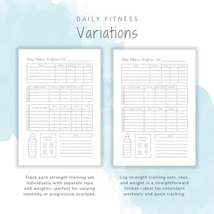 May include: Two printable pages with a daily fitness progress tracker. The left page has a section for cardio exercise, strength training, and mood after workout. The right page has a section for cardio exercise, strength training, and notes.