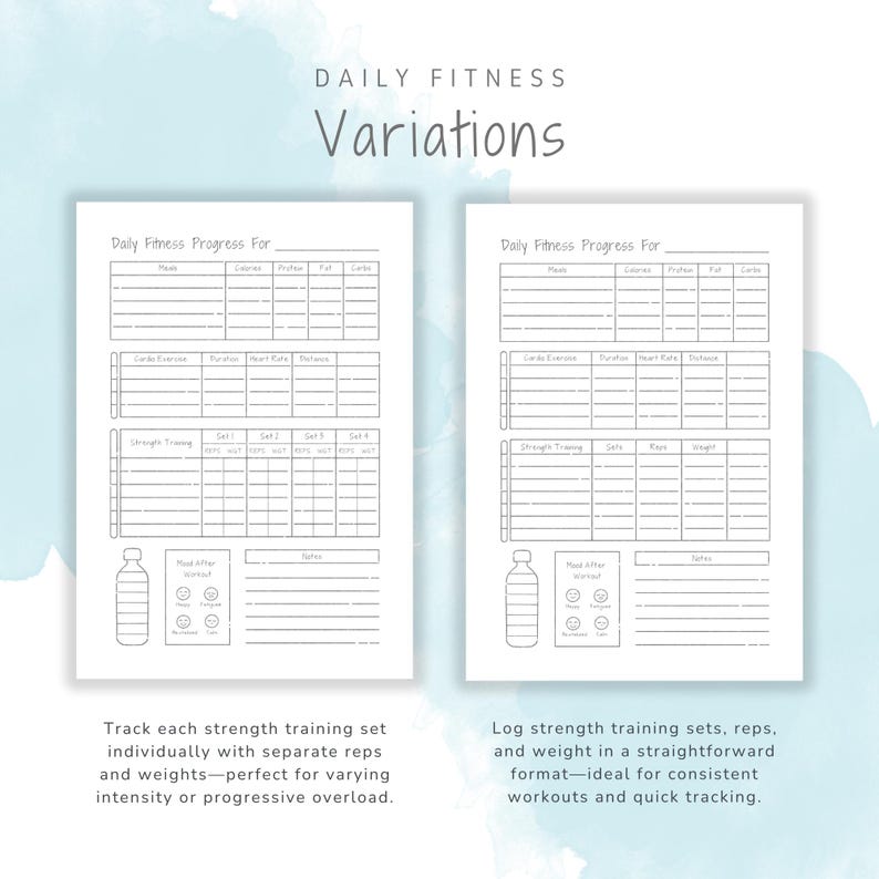 May include: Two printable pages with a daily fitness progress tracker. The left page has a section for cardio exercise, strength training, and mood after workout. The right page has a section for cardio exercise, strength training, and notes.