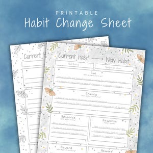 May include: Printable habit change sheet with a floral and star design. The sheet includes sections for current habit, new habit, cue, craving, response, and reward. The example habit is nail biting and the new habit is applying lotion.