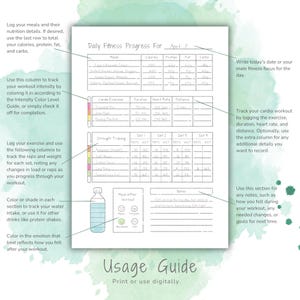 May include: A printable daily fitness progress log with sections for meals, cardio exercise, strength training, water intake, mood after workout, and notes. The log includes columns for calories, protein, fat, carbs, duration, heart rate, distance, reps, weight, and sets. The log is designed to help track fitness progress.