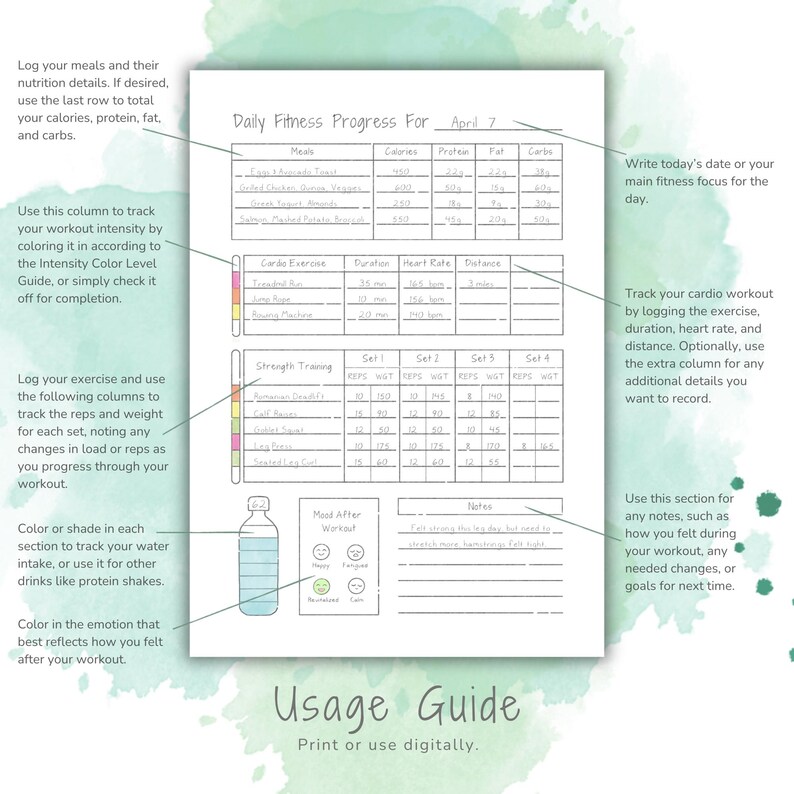 May include: A printable daily fitness progress log with sections for meals, cardio exercise, strength training, water intake, mood after workout, and notes. The log includes columns for calories, protein, fat, carbs, duration, heart rate, distance, reps, weight, and sets. The log is designed to help track fitness progress.