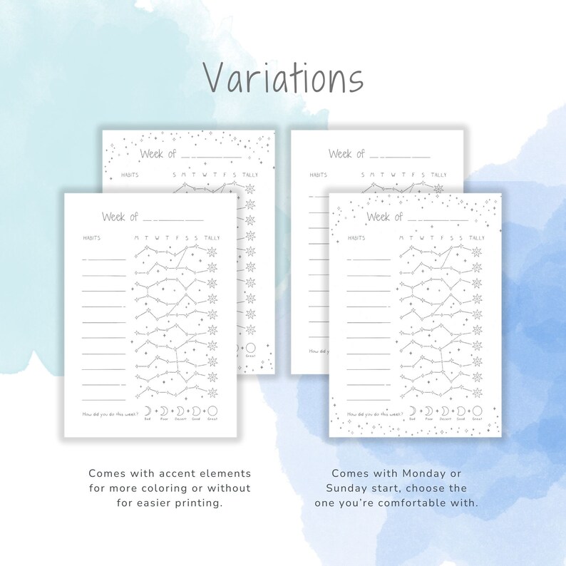 Op de afbeelding: Vier printbare habit tracker-pagina's met een hemels thema. Elke pagina heeft een sectie voor het opsommen van gewoontes, een kalenderrooster voor het bijhouden van de voortgang en een sectie voor notities. De pagina's zijn ontworpen met een witte achtergrond en grijze lijnen en sterren.