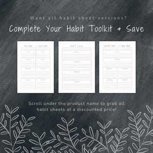 May include: Three printable habit tracker worksheets with titles "Bad Habit - Good Habit", "Habit Loop", and "Current Habit - New Habit". Each worksheet has a table with columns for "Cue", "Craving", "Response", "Reward", and "Time".