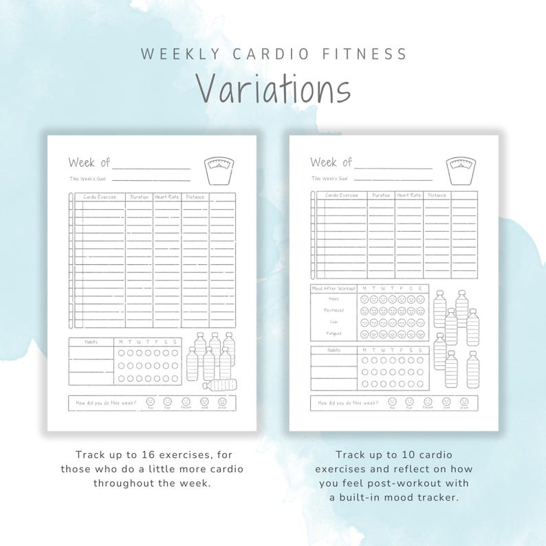 May include: Two printable black and white weekly cardio fitness trackers. The left tracker has a section to log up to 16 exercises, duration, heart rate, and notes. The right tracker has a section to log up to 10 exercises and a mood tracker with a section to track water intake. Both trackers have a section to log weight.