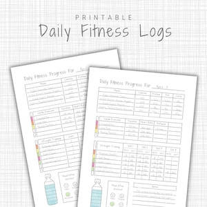 Op de afbeelding: Printbare dagelijkse fitnesslogboeken met secties voor maaltijden, cardio-oefeningen, krachttraining en stemming na de training. De logboeken zijn gedateerd voor april en 7 april.