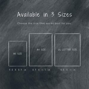 May include: A black and white image showing three different sizes of paper, labeled A5, A4, and US Letter. The dimensions of each size are listed in inches below the paper.