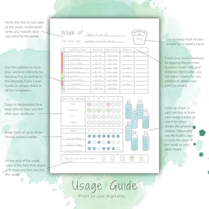 May include: A printable weekly fitness tracker with sections for tracking cardio workouts, mood after workouts, water intake, and fitness habits. The tracker includes a section for recording weight, a section for recording daily water intake, and a section for tracking fitness habits. The tracker is designed to help people stay motivated and on track with their fitness goals.