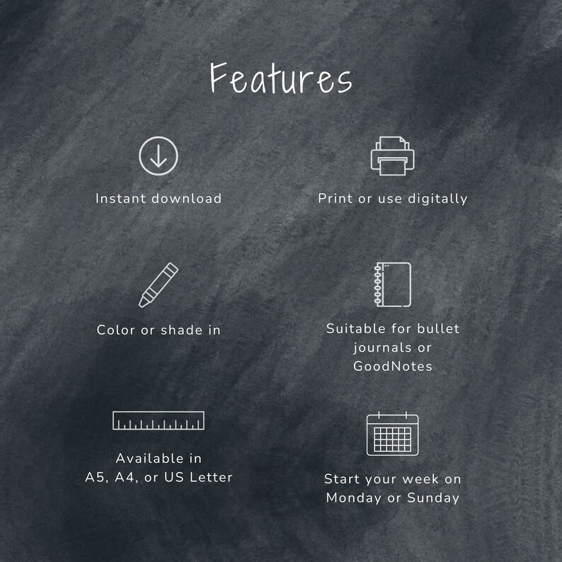 Op de afbeelding: Een digitale planner met functies zoals direct downloaden, printbaar, kleurbaar en beschikbaar in A5, A4 of US Letter formaten. De planner kan worden gebruikt voor bullet journaling of in de GoodNotes app. De planner stelt je in staat om je week te beginnen op maandag of zondag.
