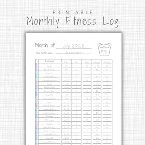 Op de afbeelding: Printbaar maandelijks fitnesslogboek voor juli 2025. Het witte vel bevat secties voor oefening, sets, herhalingen en gewicht. Het doel is om consistent te zijn. Een weegschaalafbeelding toont 140. De tekst "Monthly Fitness Log" staat bovenaan.