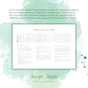 May include: A printable chart with a color-coded guide to track exercise intensity levels. The chart includes heart rate, total volume, and overall intensity score. The chart also includes instructions on how to calculate each metric. The chart is titled "Intensity Level Color Guide".