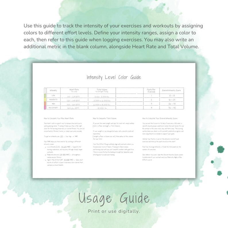 May include: A printable chart with a color-coded guide to track exercise intensity levels. The chart includes heart rate, total volume, and overall intensity score. The chart also includes instructions on how to calculate each metric. The chart is titled "Intensity Level Color Guide".