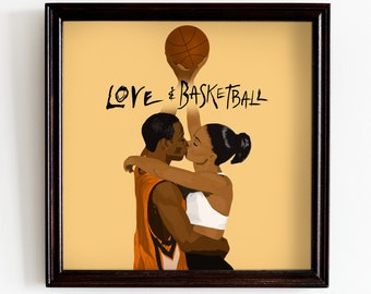 May include: Framed art print depicting a couple kissing, with a basketball held above them. The artwork has a warm colour palette with the words "LOVE & BASKETBALL" in black script. The frame is dark brown.