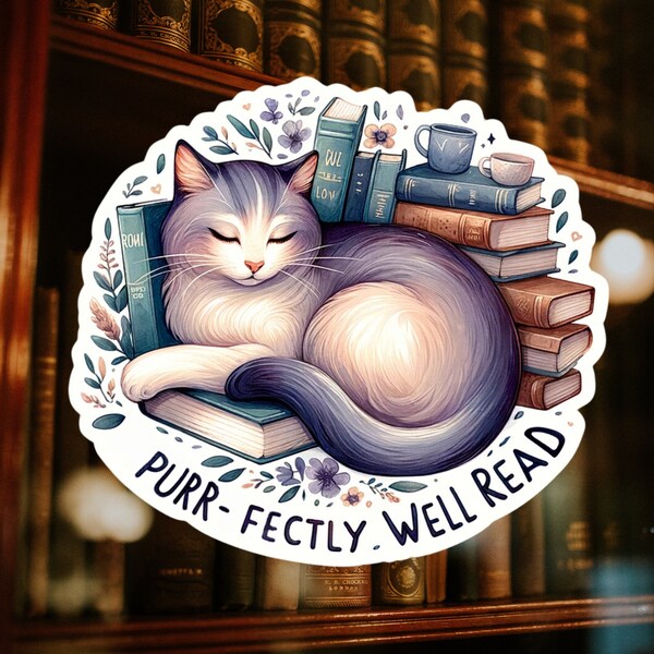 Relaxed Cat & Books Sticker - 'Purr-fectly Well Read' - Cute Feline Bookworm Decor - Circular Literary Cat Lover Gift