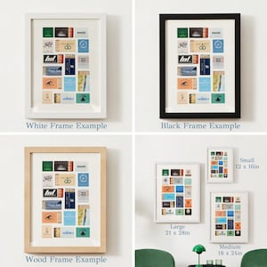 May include: A framed print of a collection of matchboxes with various designs and text, including "Nitto", "lul", and "mend.". The print is shown in three different frame styles: white, black, and wood. The print is available in three sizes: small (12 x 16 inches), medium (18 x 24 inches), and large (21 x 28 inches).