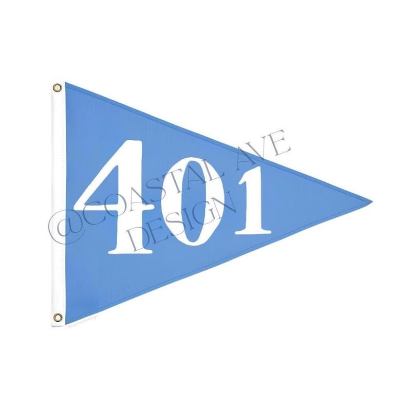 May include: A light blue pennant flag displaying the number "401" in white. The flag features a white border and eyelets for hanging. The text "@COASTAL AVE DESIGN" is printed on the flag.