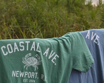 Coastal Ave. Tee, Newport, R.I., Comfort Colors Shirt, Vintage Crab Design, Coastal Apparel, Unisex Fit, New England Brand