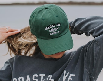 Coastal Ave. Design Embroidered Baseball Cap, Rhode Island Style, Vintage Newport, Rhode Island Apparel