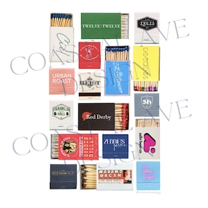 May include: A collection of matchboxes with various designs and colors. The matchboxes feature different text and graphics, including the names of businesses and locations. Some of the matchboxes have a red, white, and blue color scheme, while others have a more modern design.
