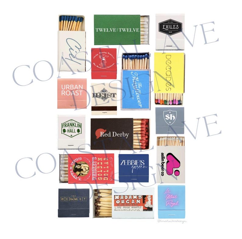 May include: A collection of matchboxes with various designs and colors. The matchboxes feature different text and graphics, including the names of businesses and locations. Some of the matchboxes have a red, white, and blue color scheme, while others have a more modern design.