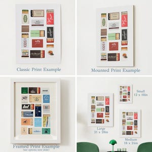 May include: Various framed and mounted prints displaying vintage matchbox labels. The prints feature colourful labels with text and designs. Sizes include small (30 x 41cm), medium (46 x 61cm), and large (53 x 71cm).