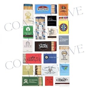 May include: A collection of matchboxes with various designs and names, including "Boneyard", "Cabin", "Riverhorse", "Handle", "The Vintage Room", "O'Shucks", "High West", "Snowbird", "Chimayo", and "St. Regis Deer Valley The Residences".