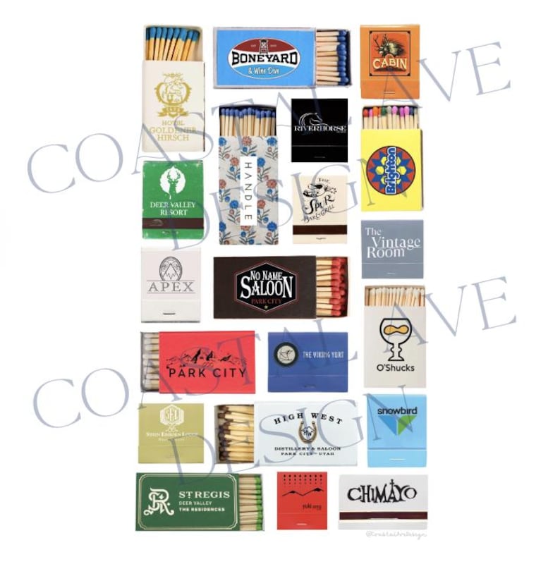 May include: A collection of matchboxes with various designs and names, including "Boneyard", "Cabin", "Riverhorse", "Handle", "The Vintage Room", "O'Shucks", "High West", "Snowbird", "Chimayo", and "St. Regis Deer Valley The Residences".